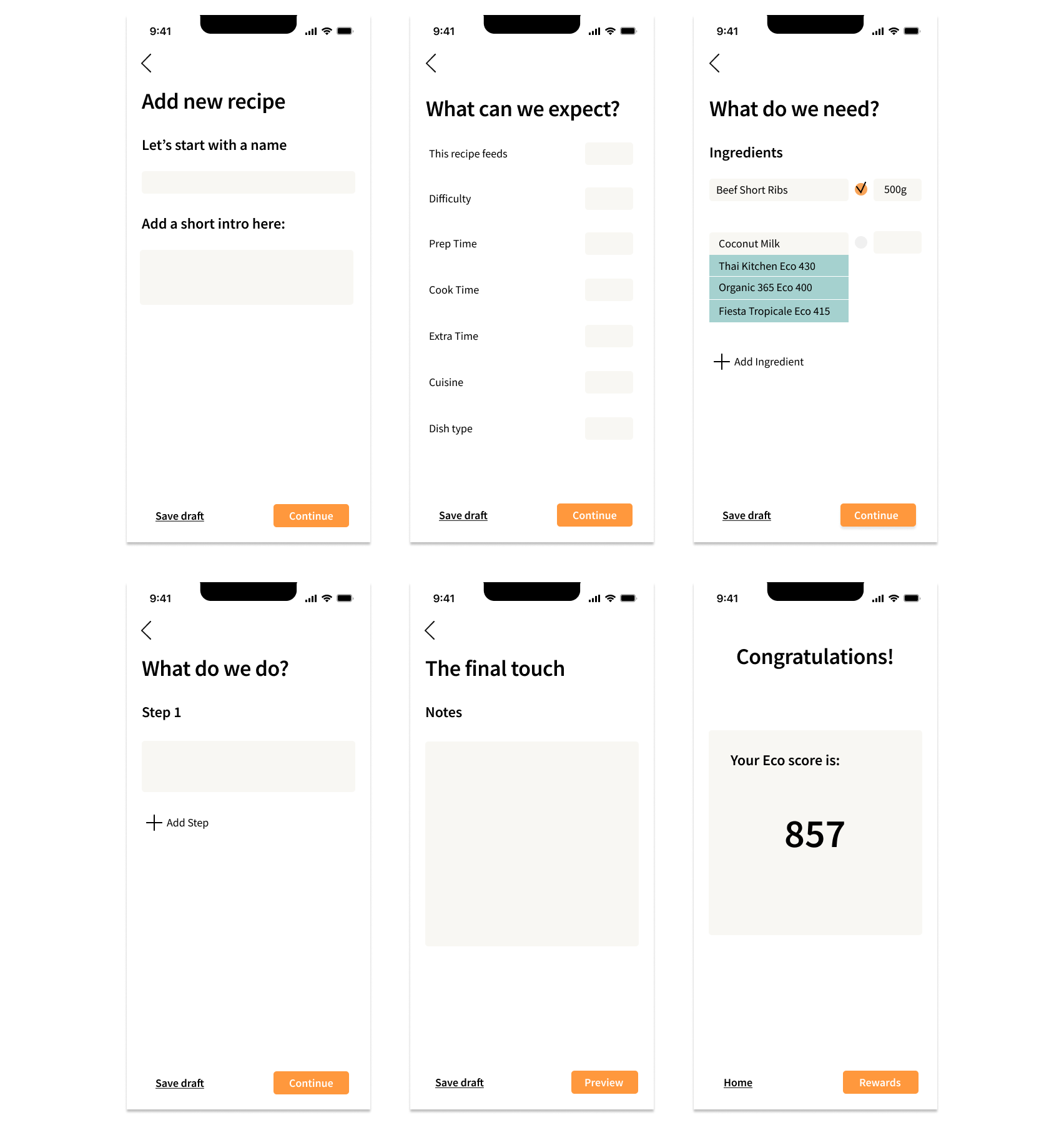 Create a Recipe Screens